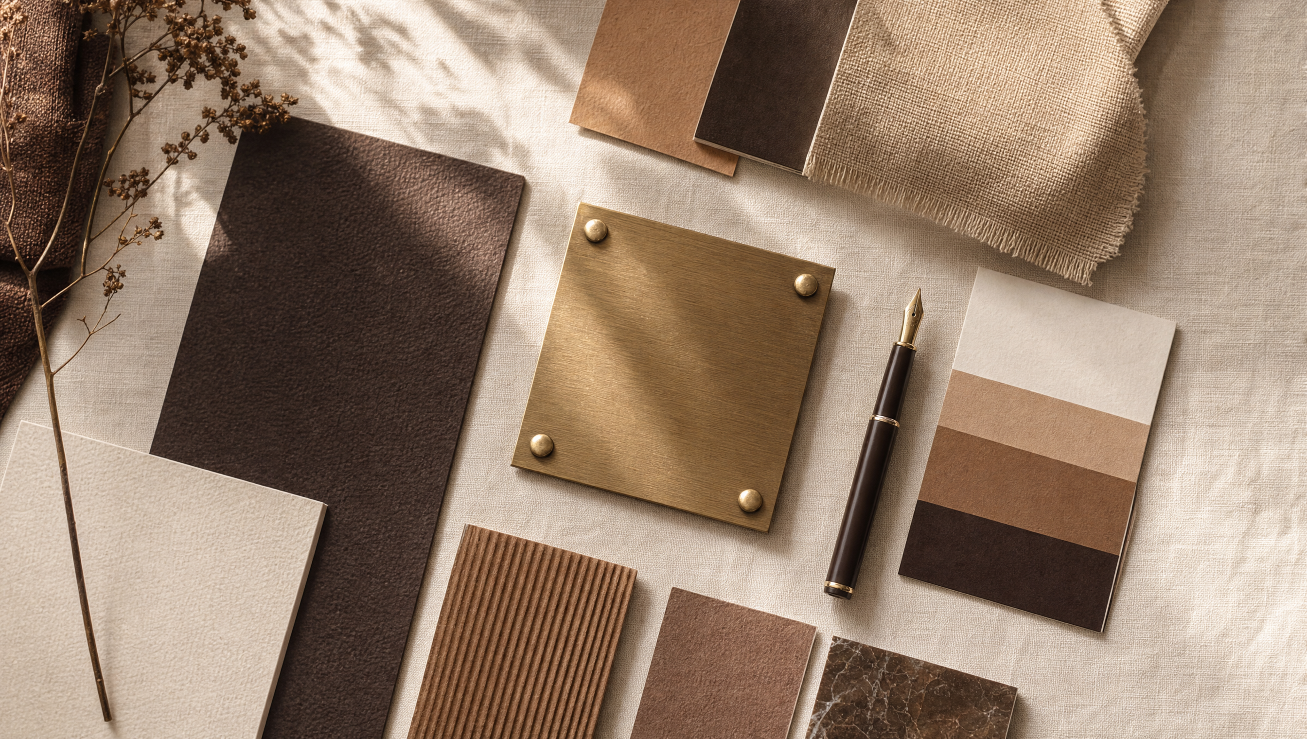 A brand identity moodboard flat-lay with camel and espresso swatches, a brass monogram, and a fountain pen