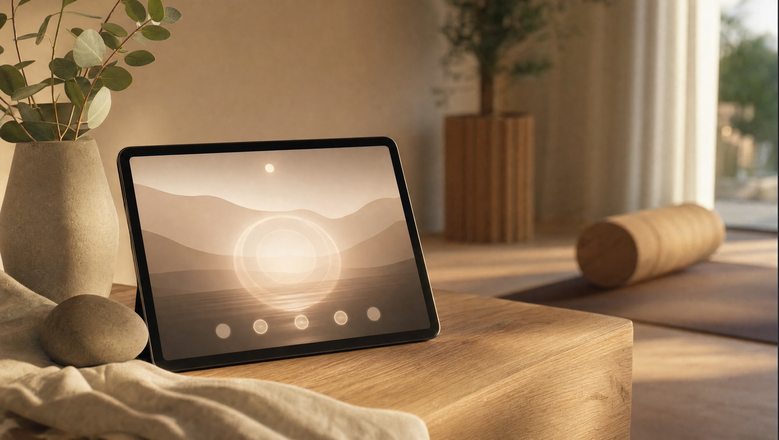 A serene wellness studio corner with a tablet showing a minimal AI interface, eucalyptus, and warm light