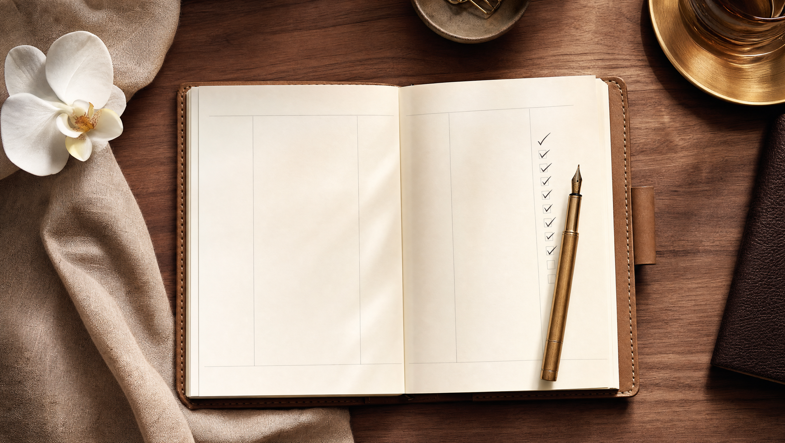 An open leather planner with a column of checkmarks, a brass fountain pen, and a white orchid on a walnut desk