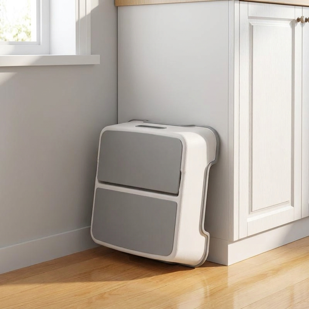 Two-Step Folding Stool | Anti-Slip Surface | Portable | Bathroom & Kitchen Use | Grey