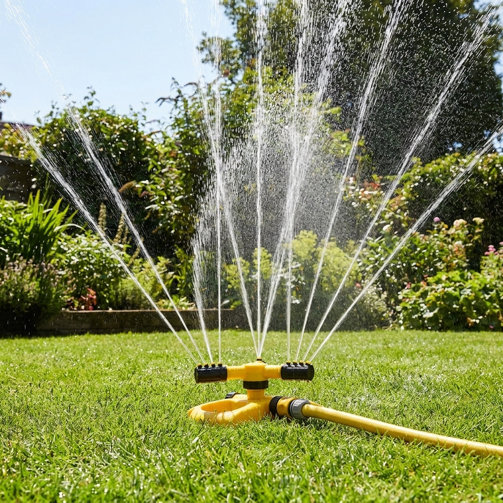 360° Rotating Garden Sprinkler | 4 Adjustable Nozzles | Expandable Reach | Hose Compatible