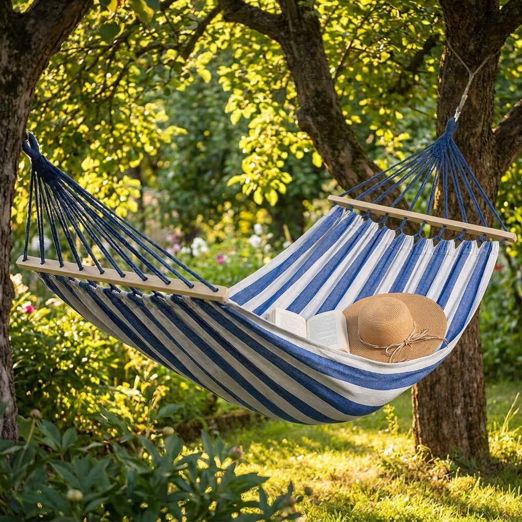 Double Hammock | Canvas | Anti-Roll Wooden Spreader Bars | 220x150cm | Carry Bag | Blue & Red