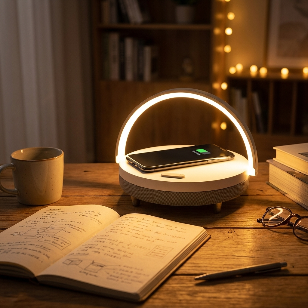 LED Desk Lamp with Bluetooth Speaker & Wireless Charger | Bluetooth 5.0 | 10W Qi Charging | White