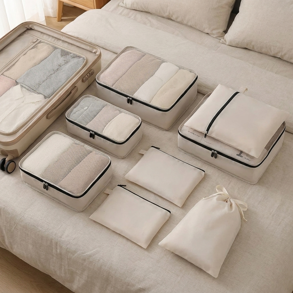 Packing Cube Set | 7 Pieces | Compression Travel Organisers | Water-Repellent | Beige, White & Black