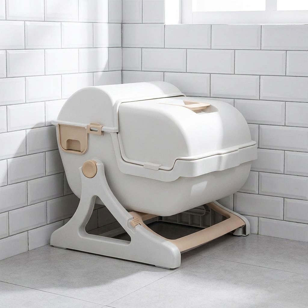 Automatic Cat Litter Box | Tipping Tray | Odour Control | Open Top | 50x50x46cm | Beige & Grey