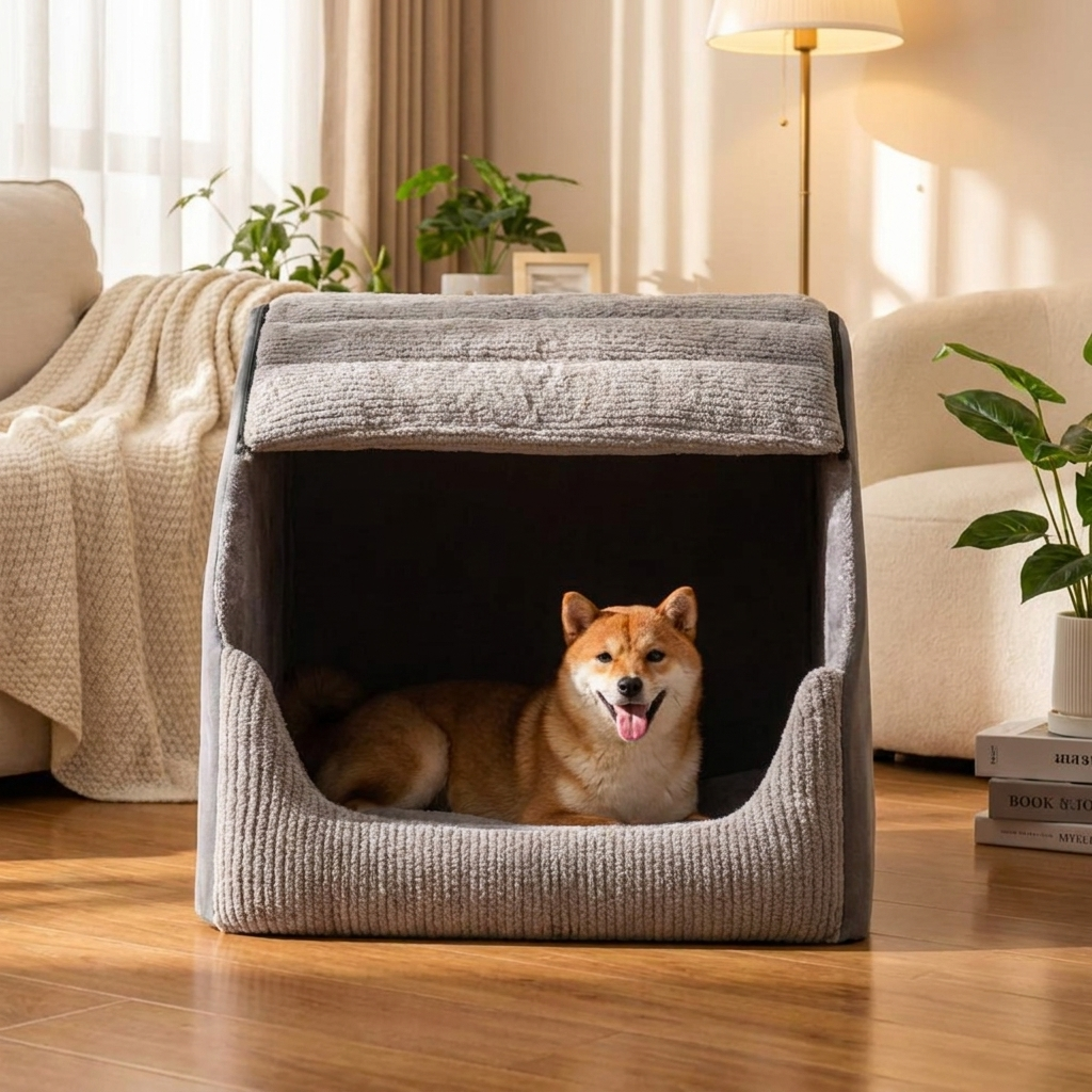 Den Dog Bed | PP Cotton & Sponge Fill | Enclosed | Zip-Off Washable Cover | 3 Sizes | Grey