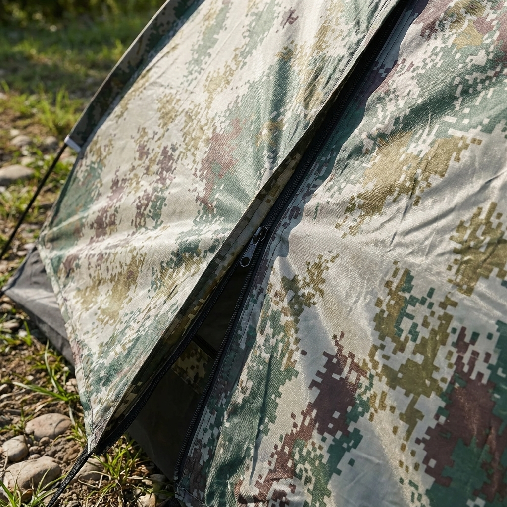Camping tent fabric and zip entrance close-up