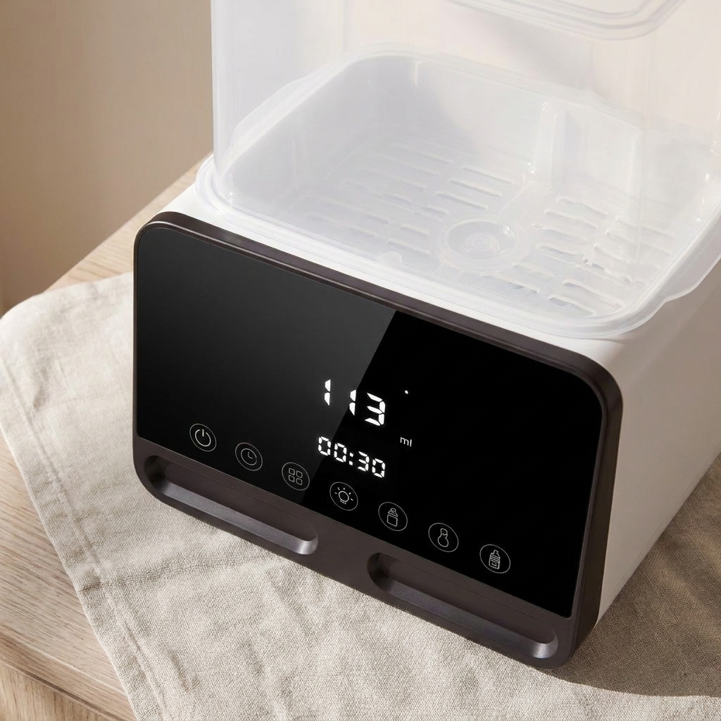 Bottle steriliser control panel and interior basket close-up