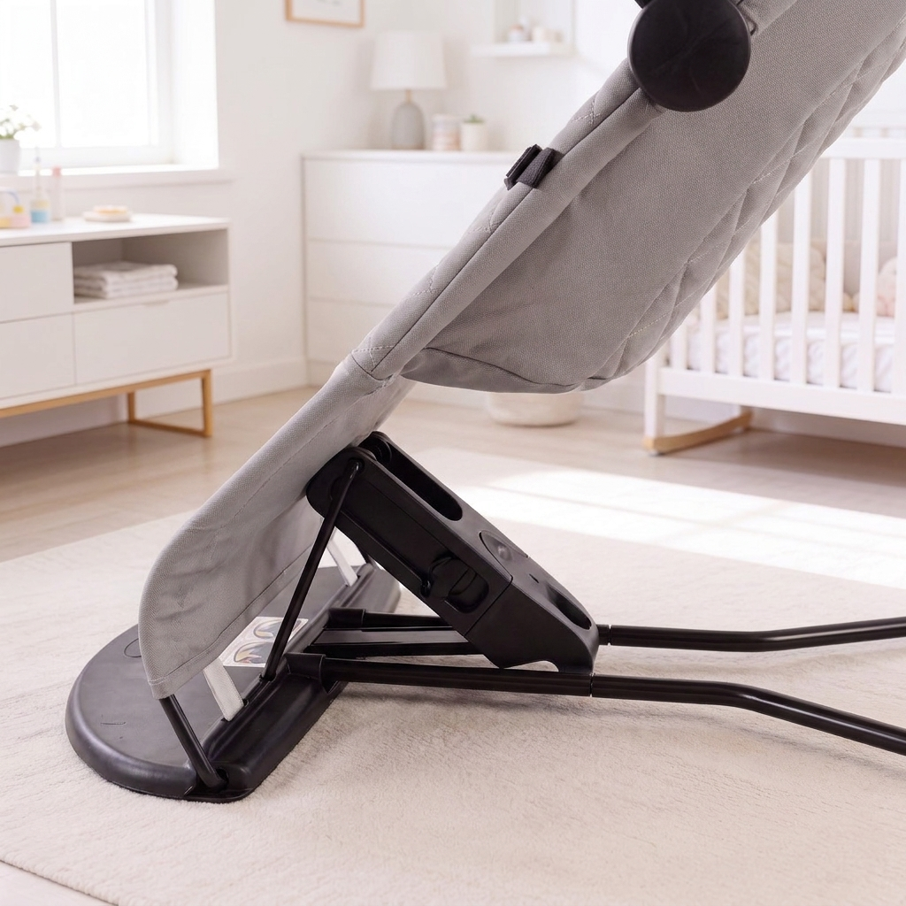 Baby bouncer recline mechanism and fabric seat close-up