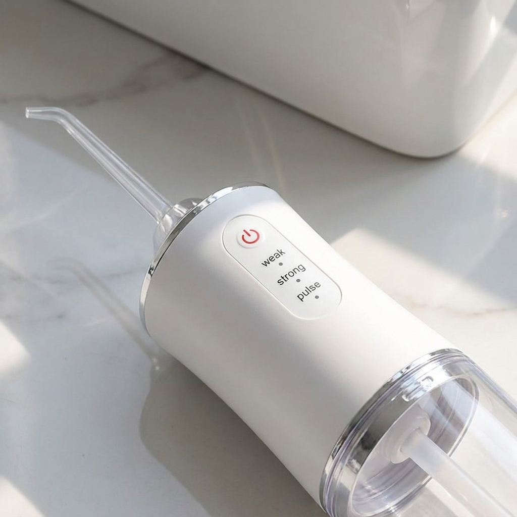 Oral irrigator nozzle tips and control dial close-up
