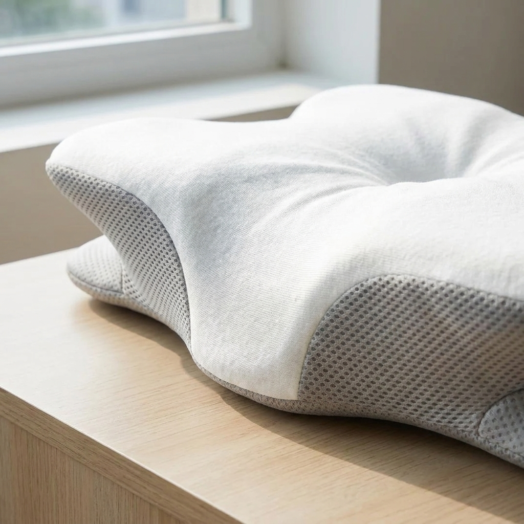 Contour Relief Pillow detail — contoured neck curve and fabric texture