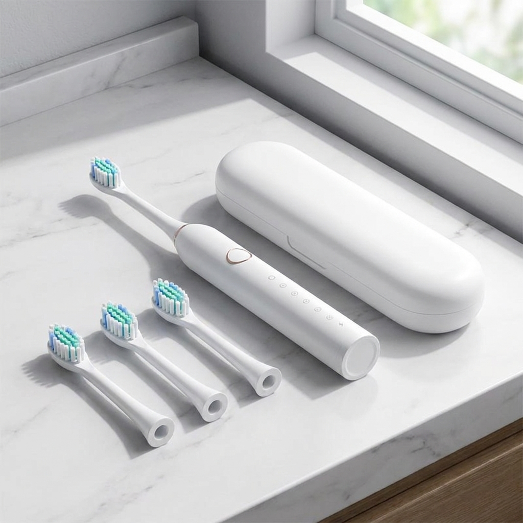Sonic toothbrush with brush heads and storage box