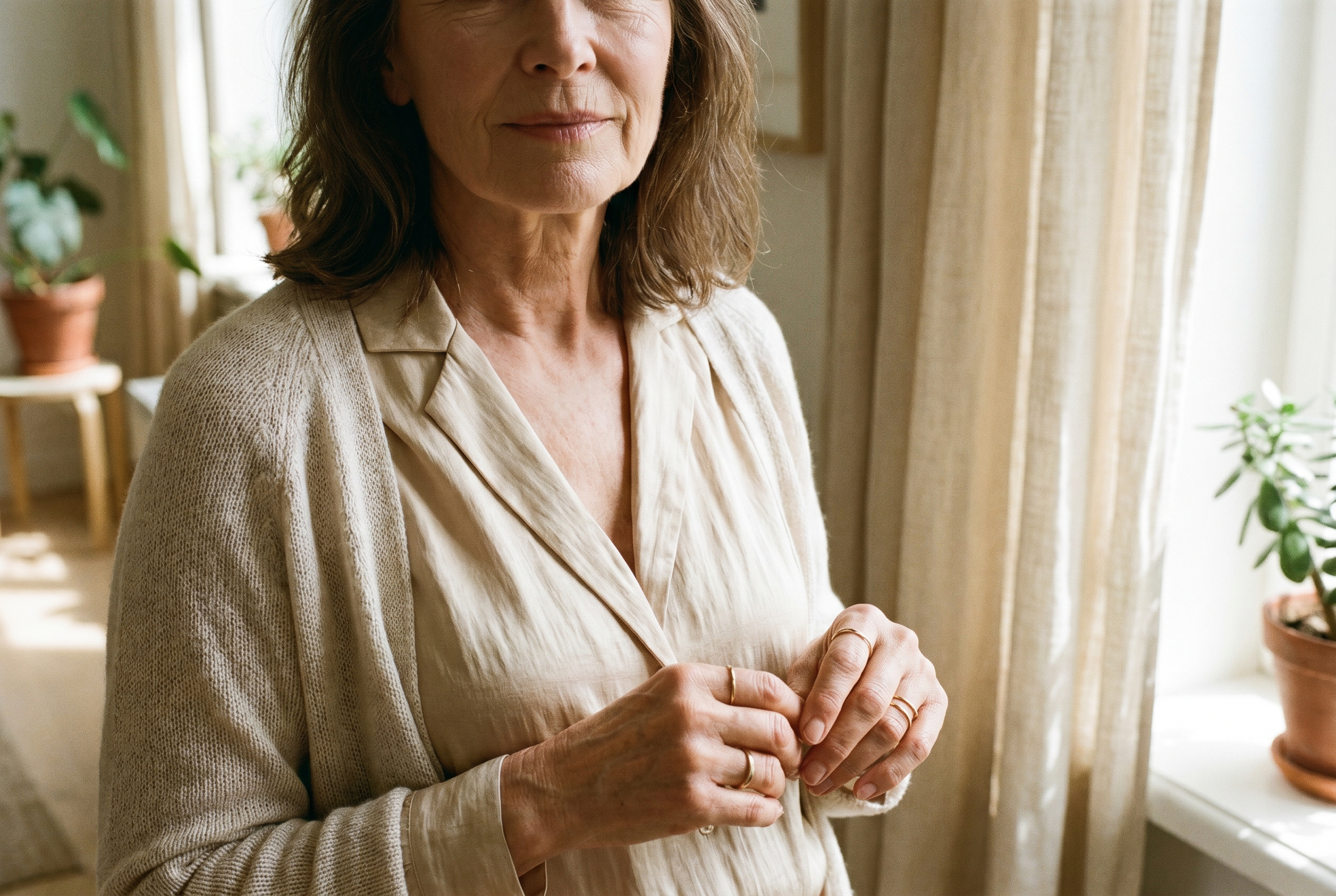 Silk blouse draping smoothly over a flat midsection, no visible lines