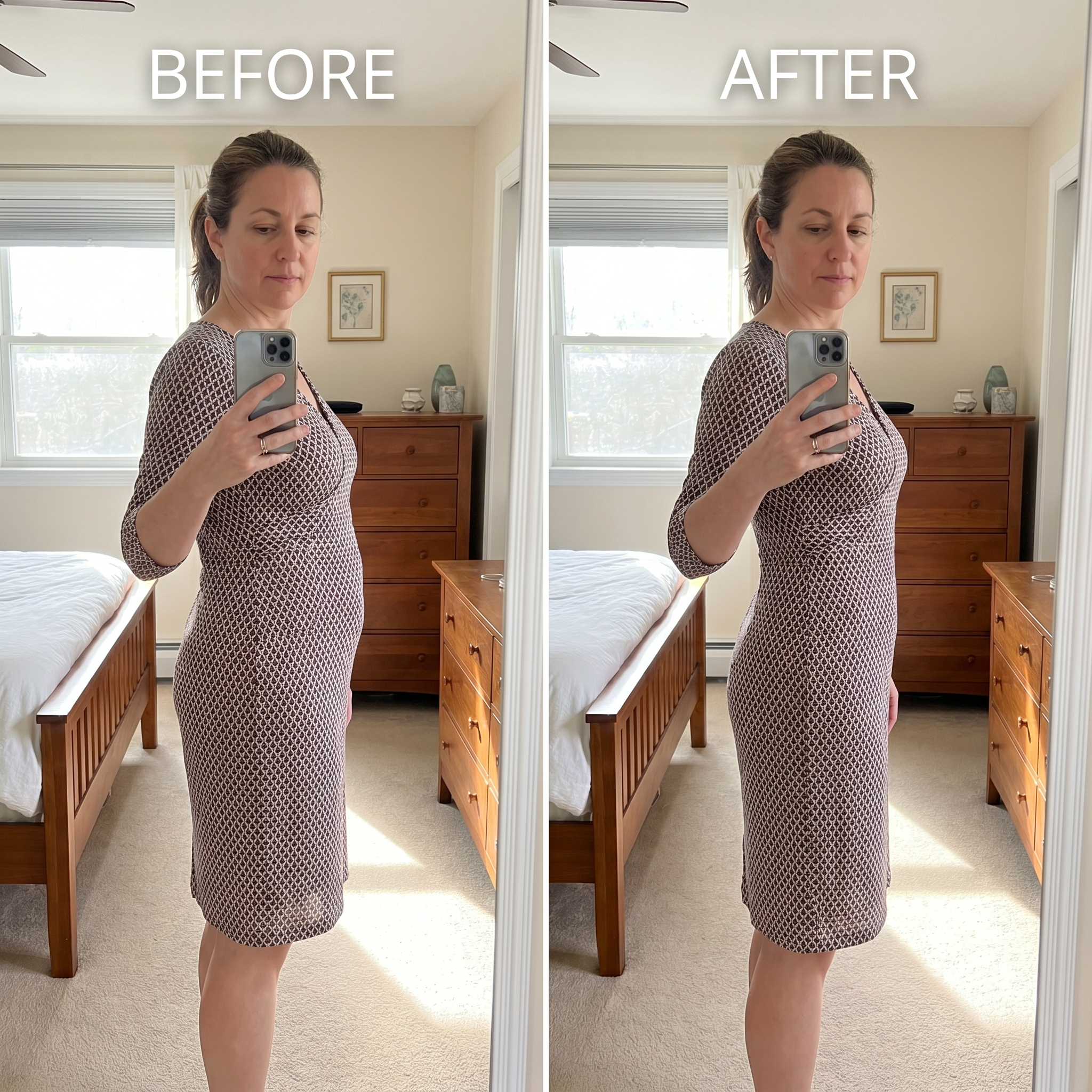Before and after under a fitted dress