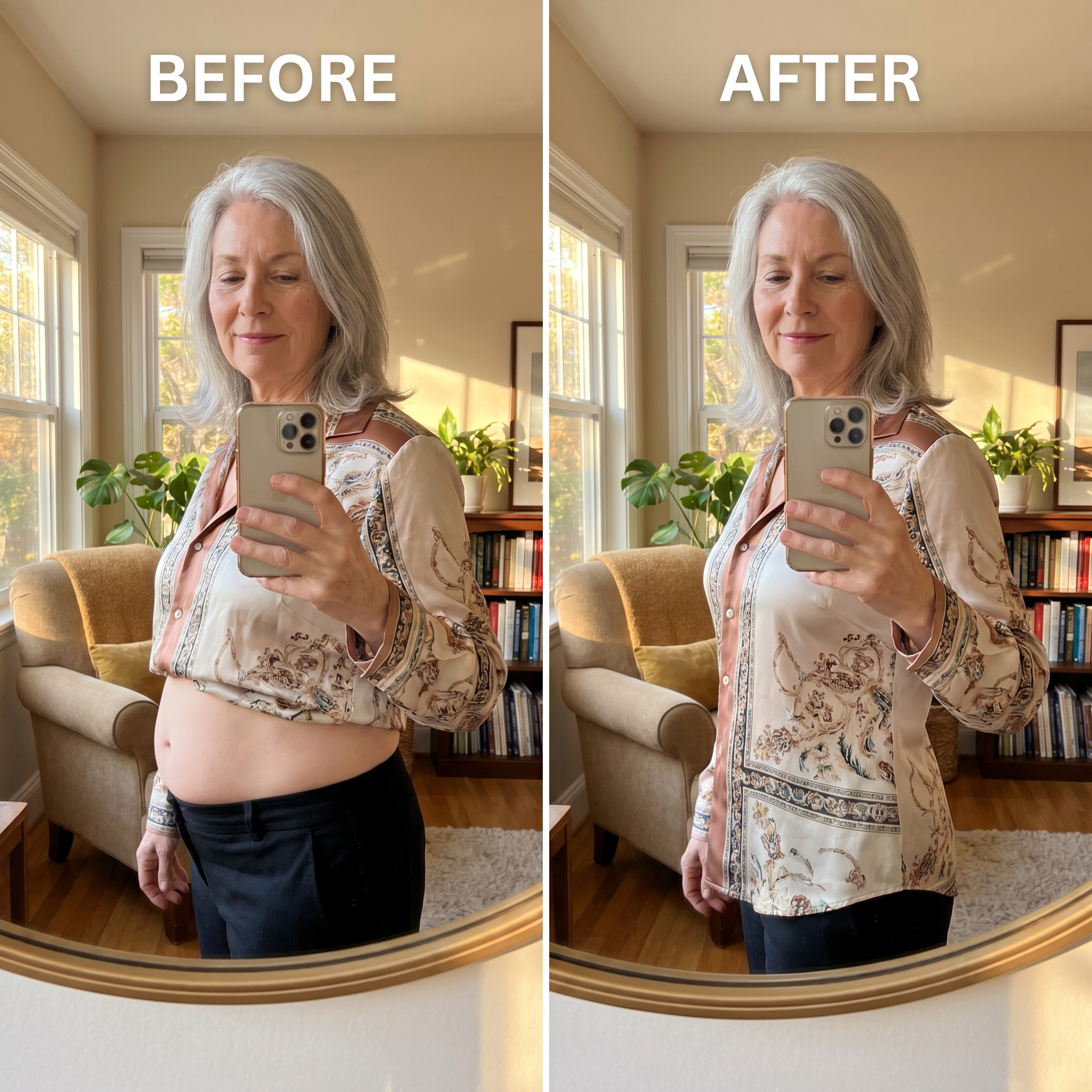 Before and after under a silk blouse