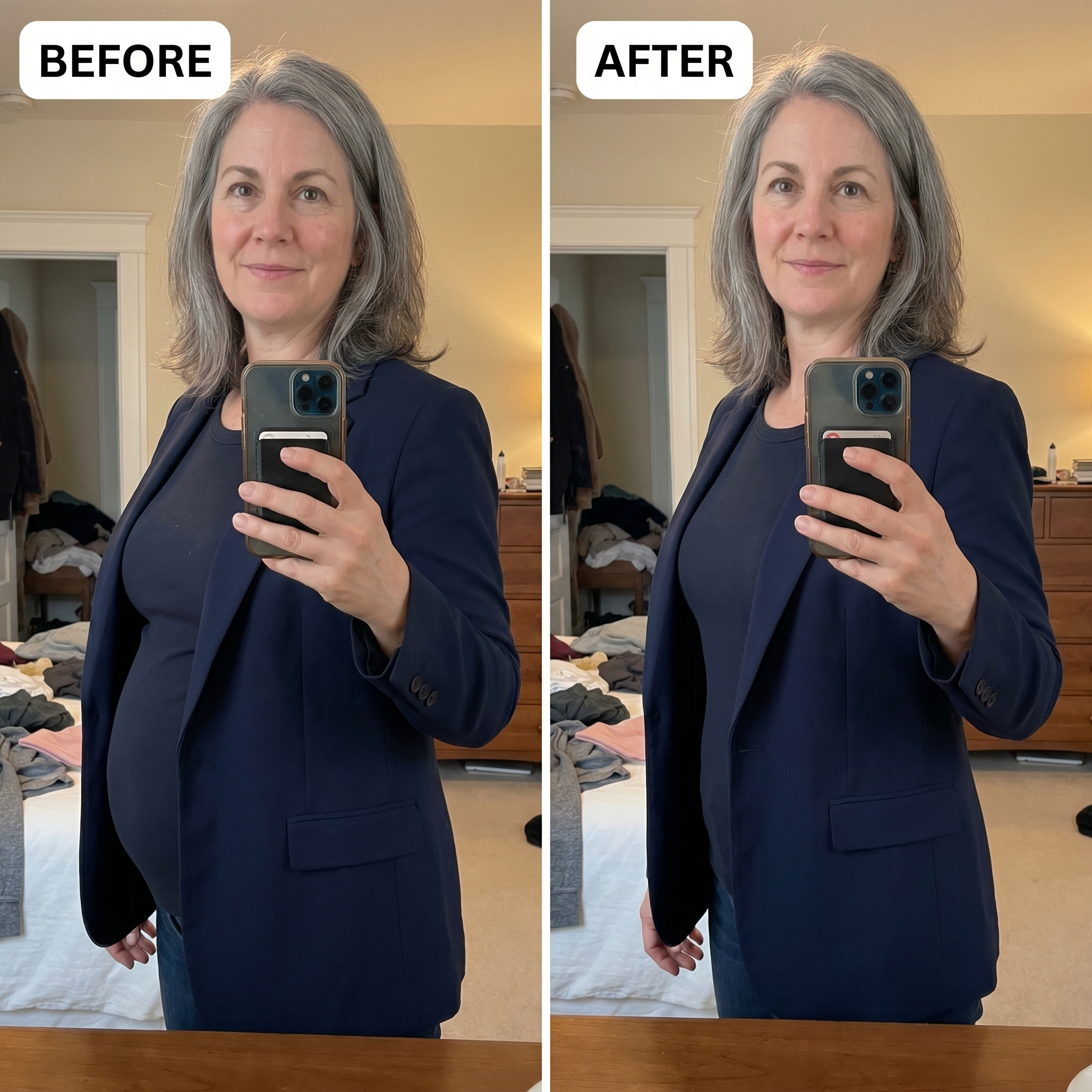 Before and after under a tailored blazer