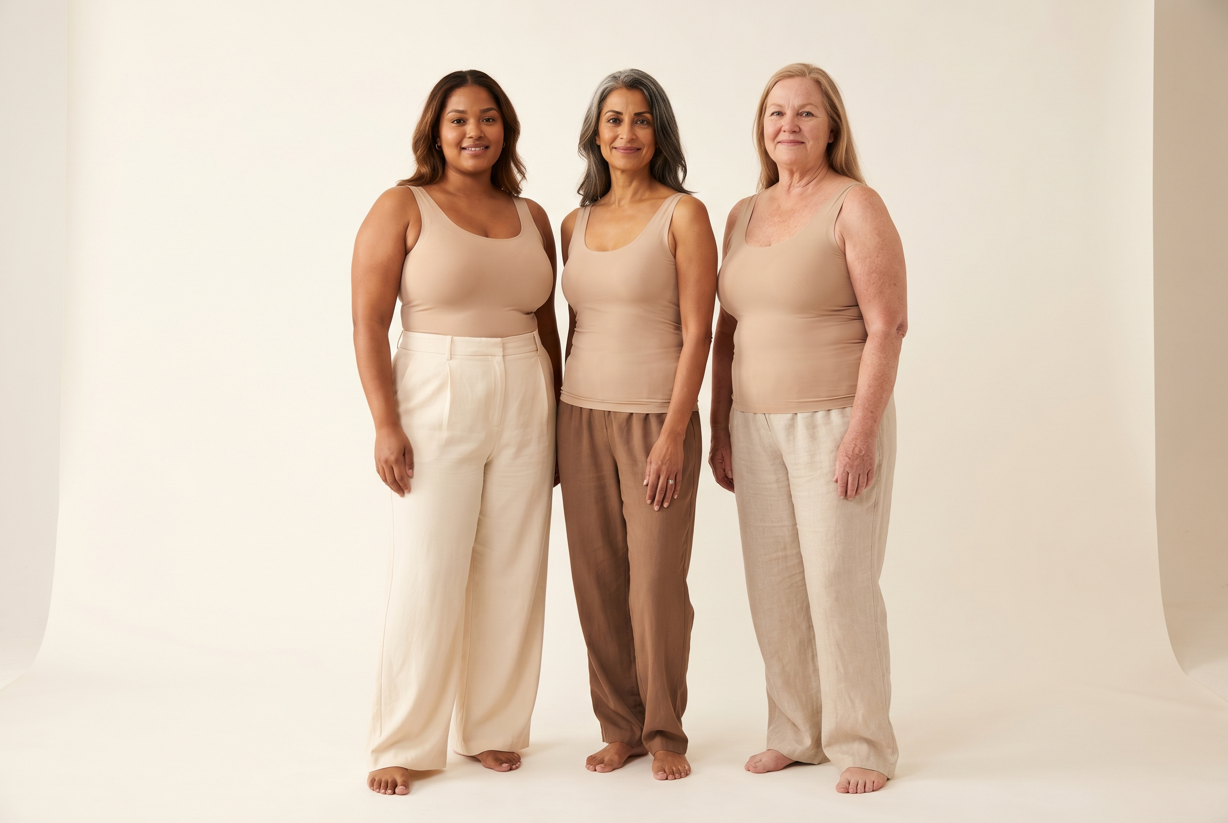 Three women of different ages and body types, each wearing a Seryova tank