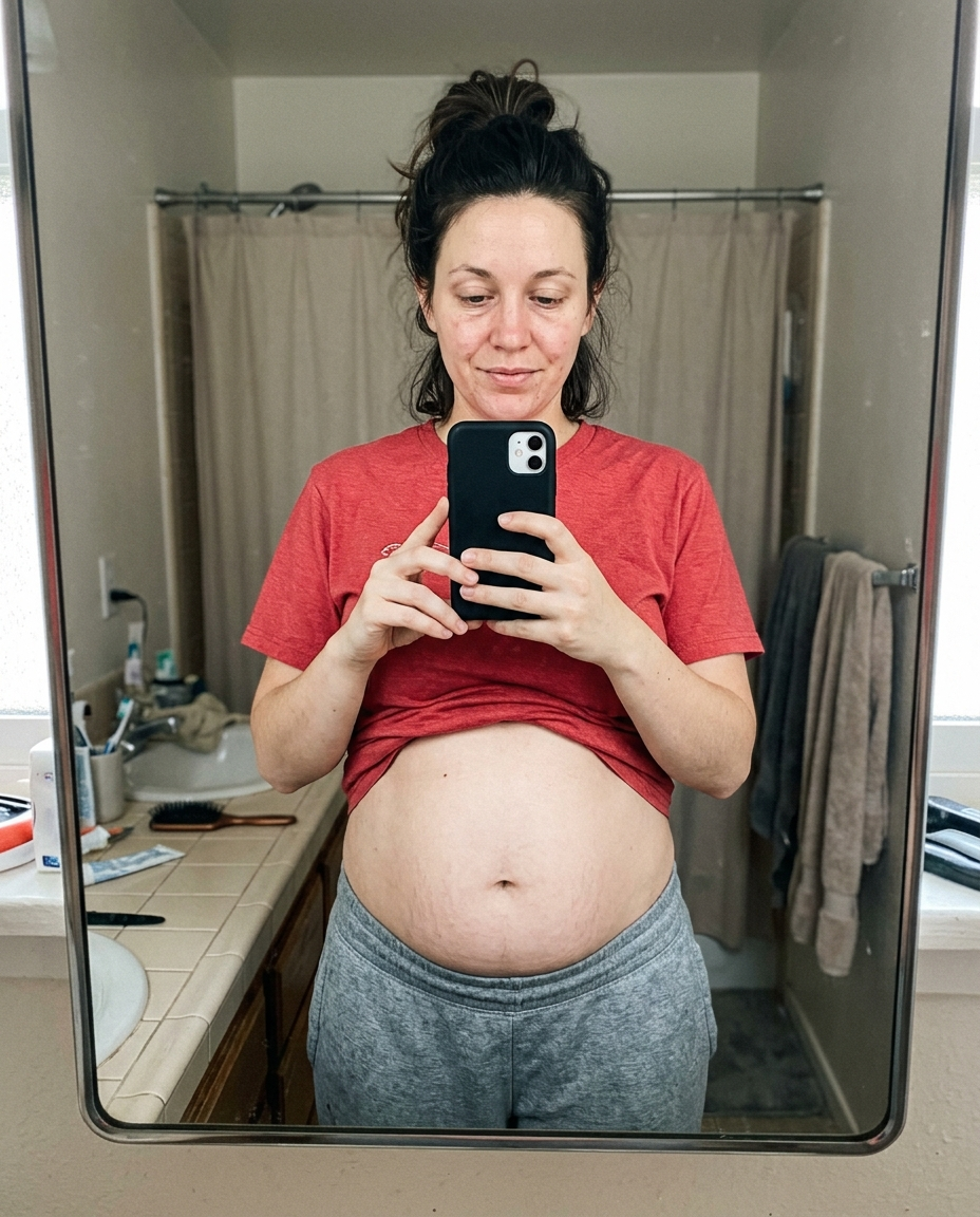 Woman looking at her postpartum belly in the mirror