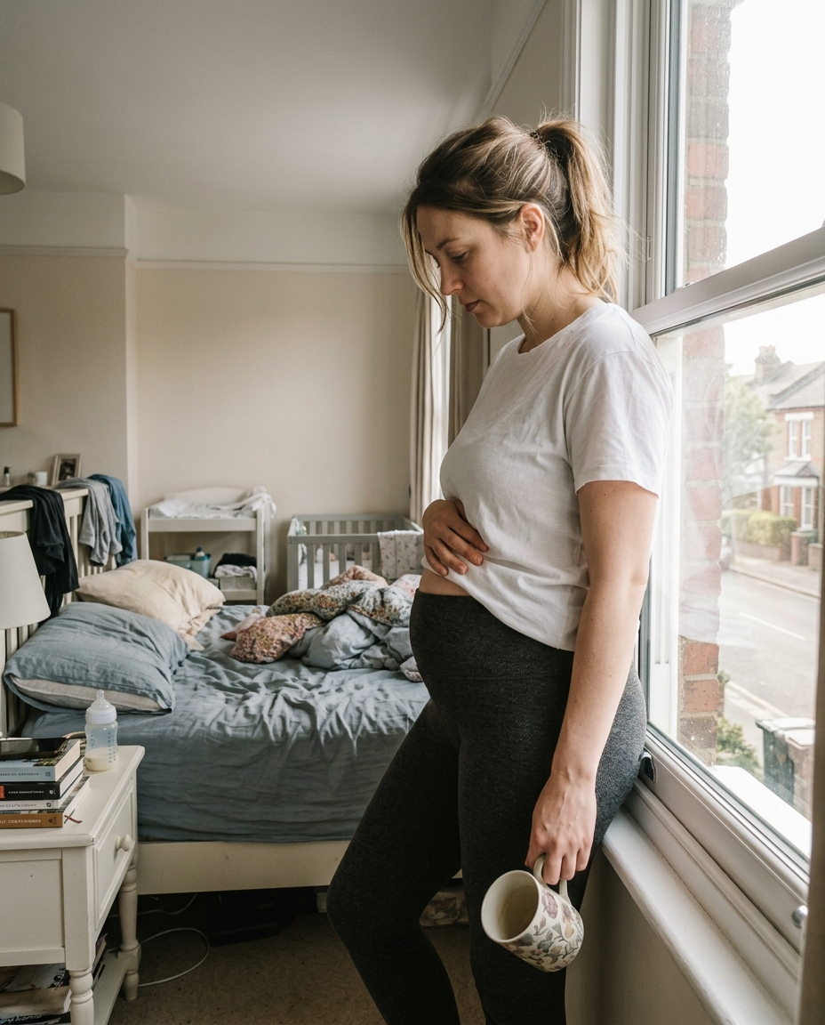 Woman in profile showing her postpartum belly