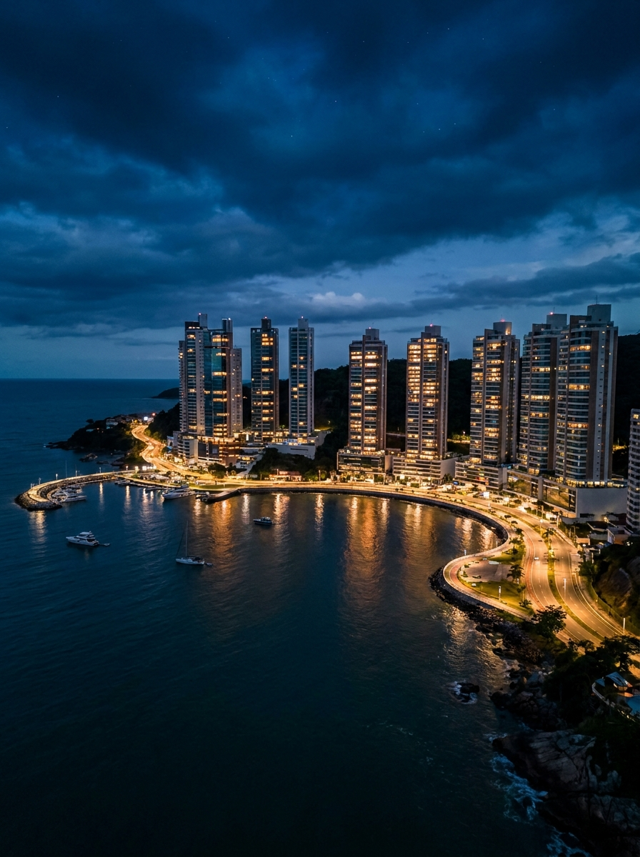 Vista aérea de Porto Belo SC com desenvolvimento imobiliário e infraestrutura hospitalar