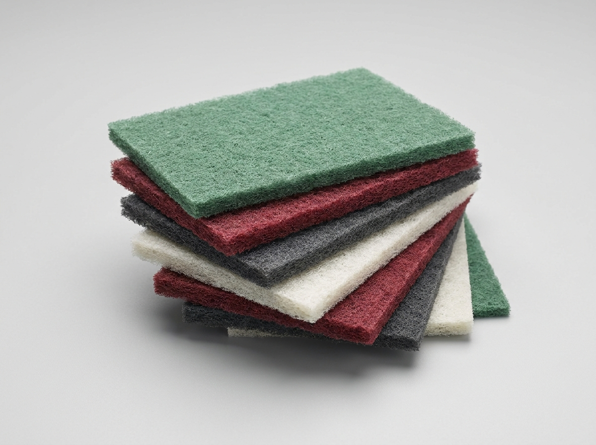 Non-woven abrasive hand pads in green, maroon, grey and white