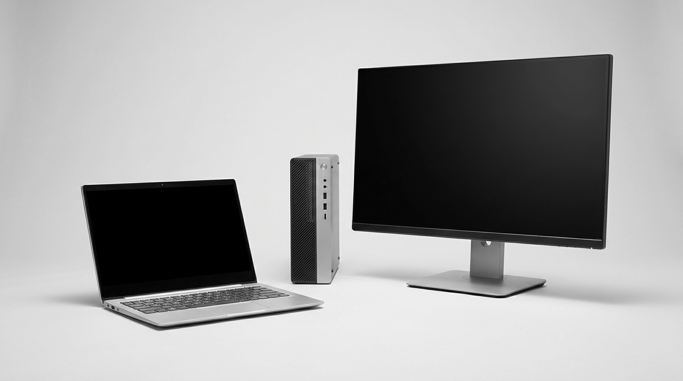 Business IT hardware — laptop, desktop tower and monitor