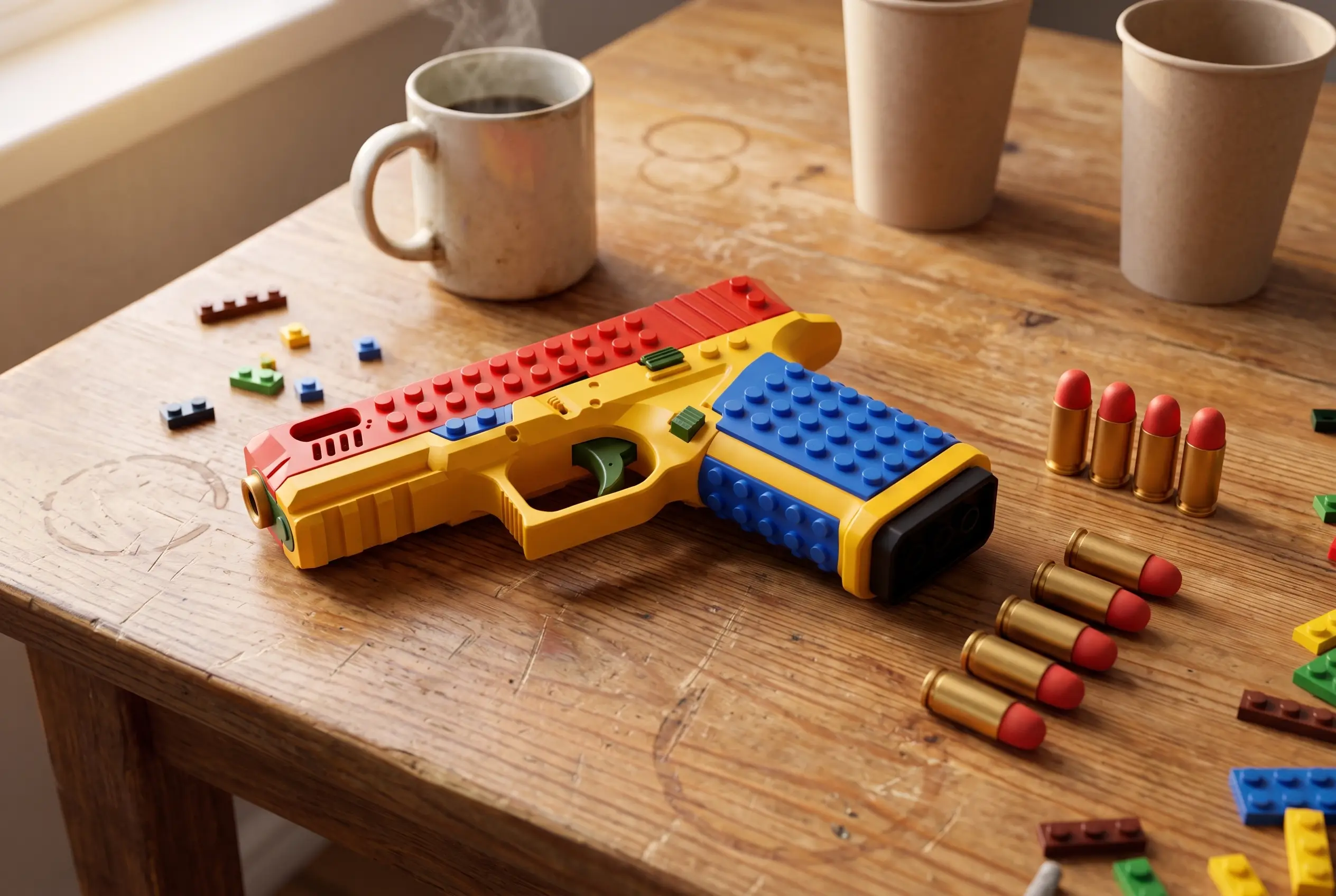 The trainer on a kitchen table with six loaded casings and paper-cup targets