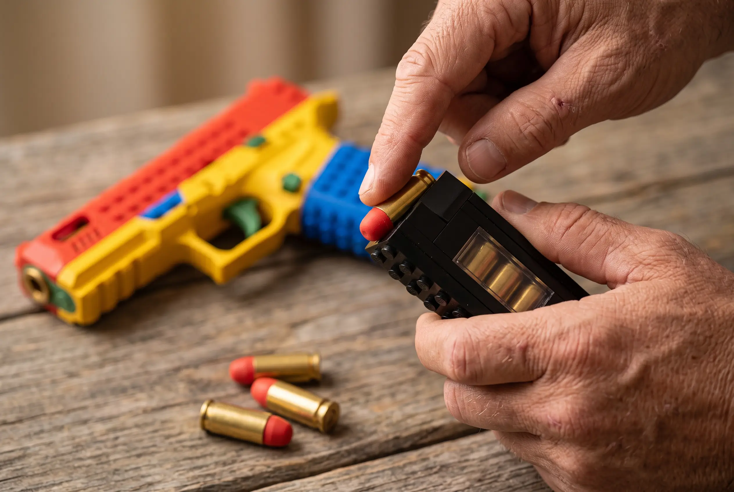 Loading casings into the magazine, witness window showing rounds