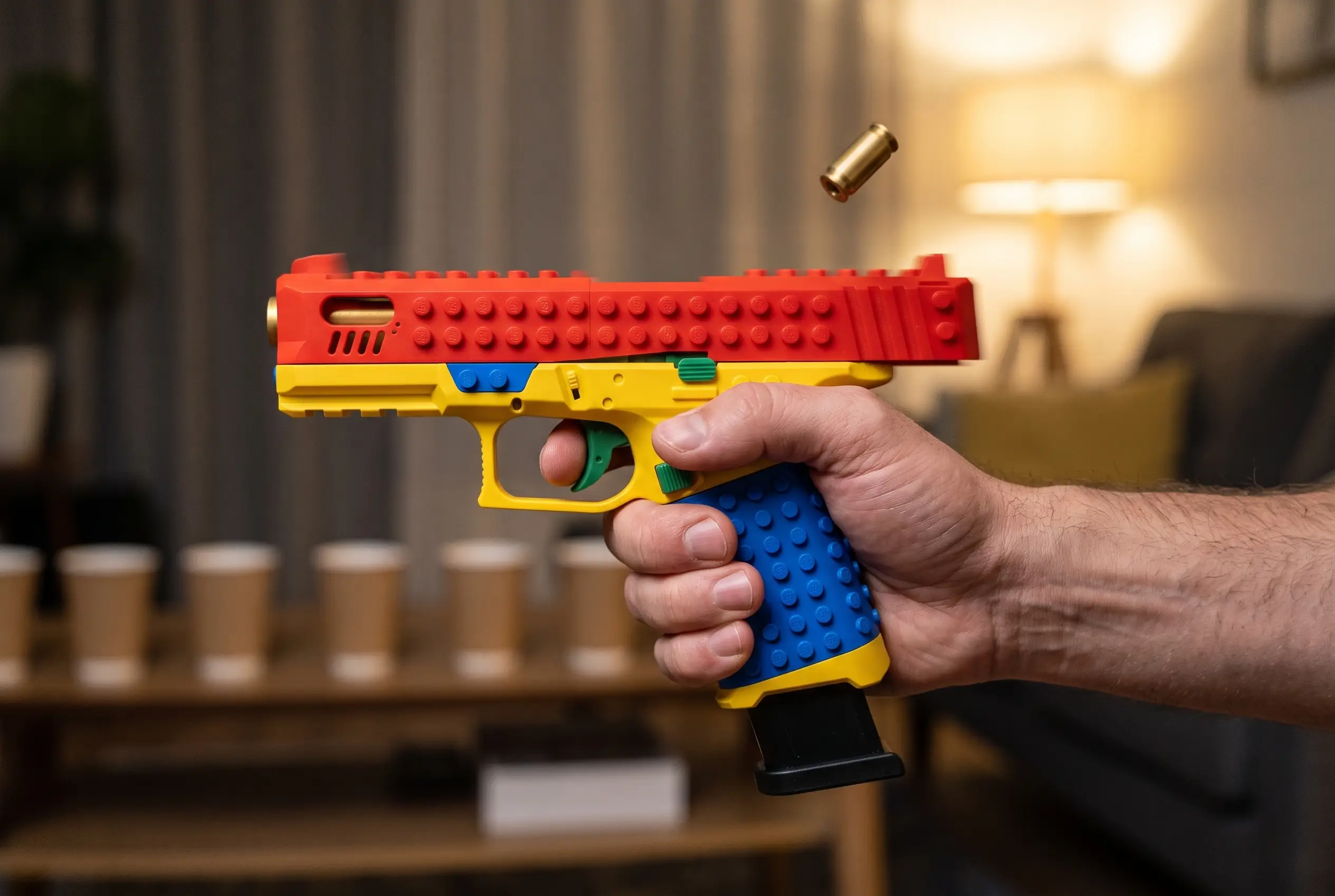 Mid-string: a spent casing arcing out of the right-side ejection port