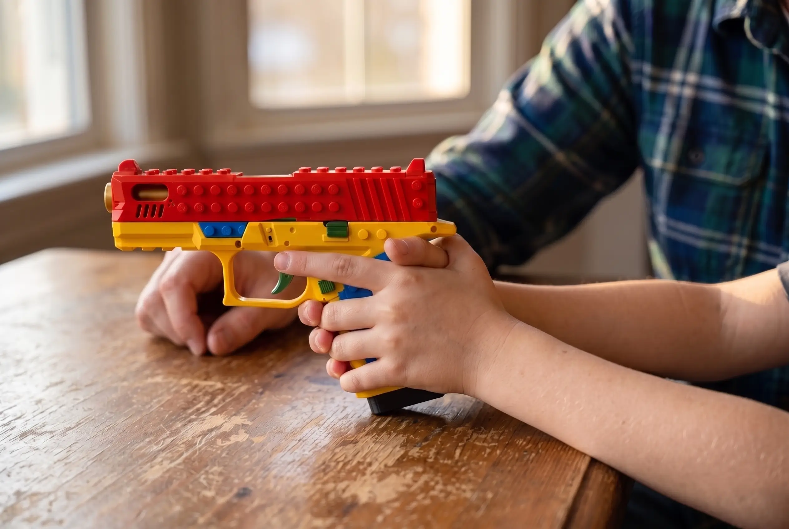 A child's index finger extended straight along the frame, off the trigger
