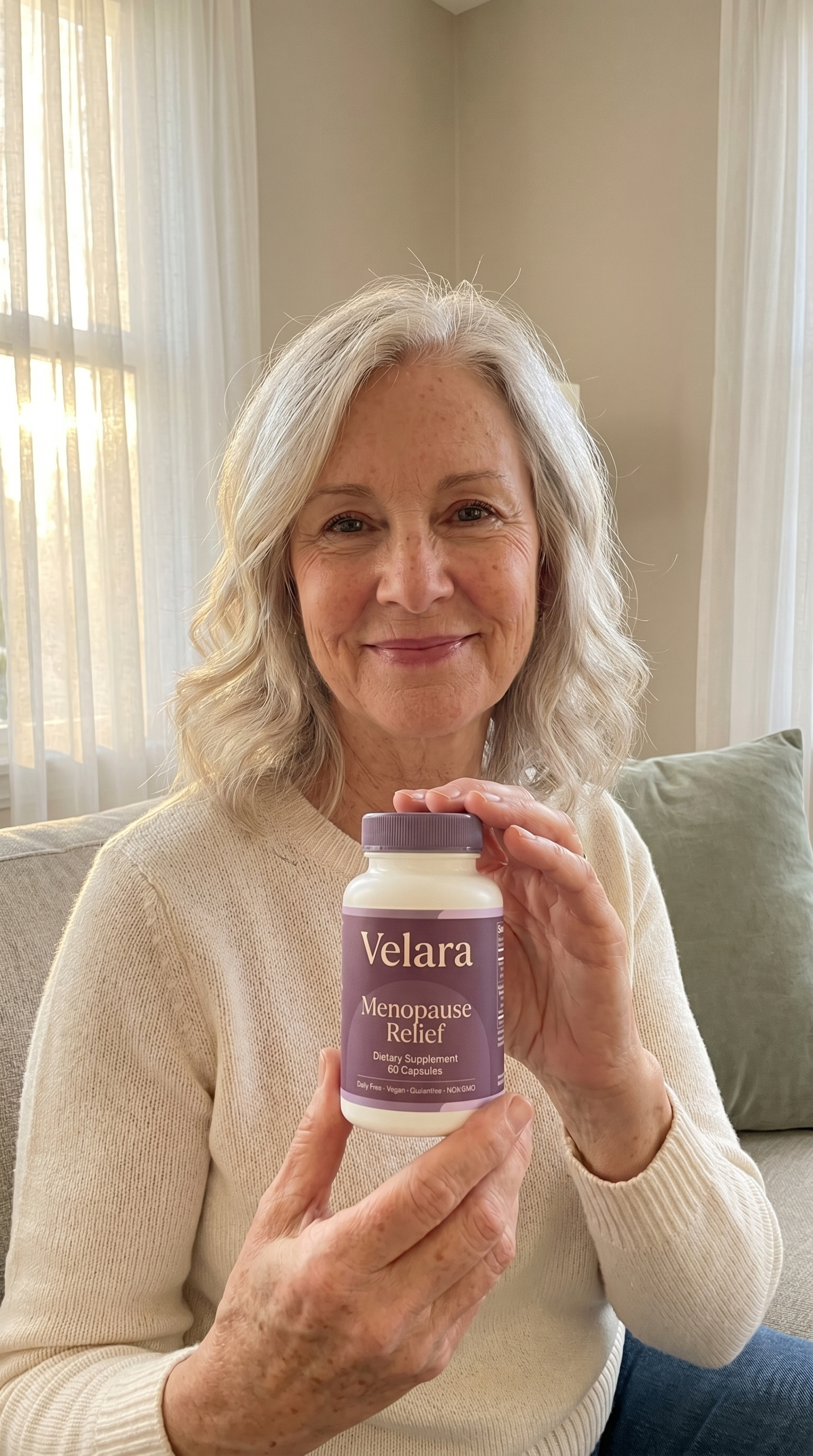 Stacey, 61-year-old RN holding her Velara Menopause Relief bottle