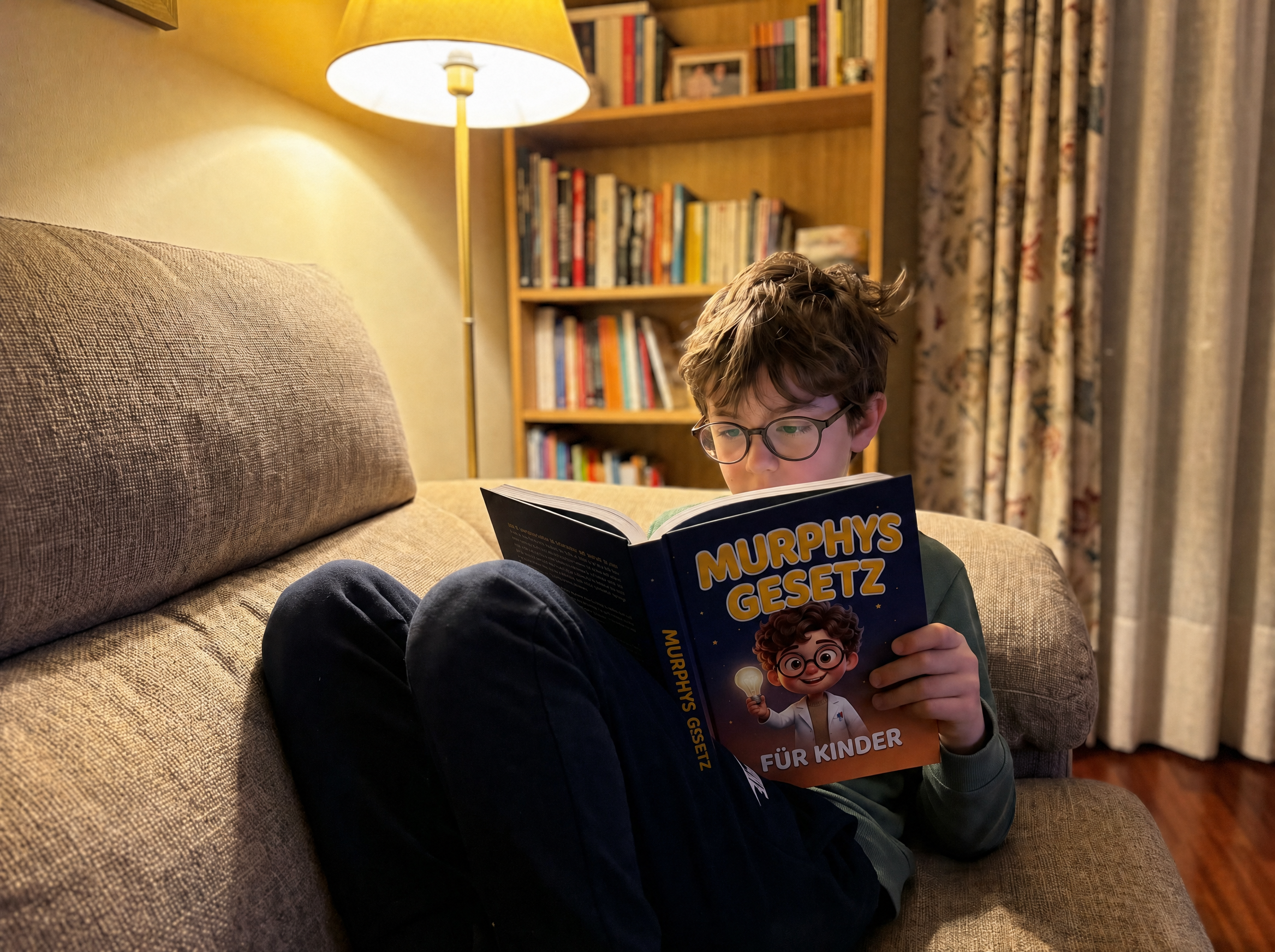Junge liest das Buch abends auf dem Sofa