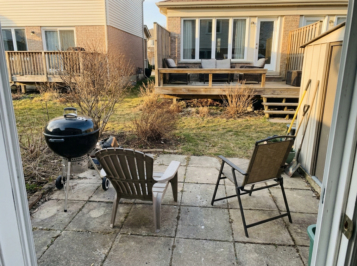Backyard patio overlooked by the neighbor’s deck