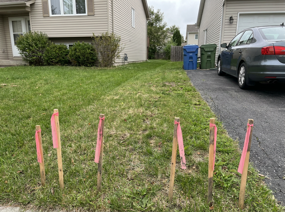 Side yard with survey stakes and no fence next to a driveway