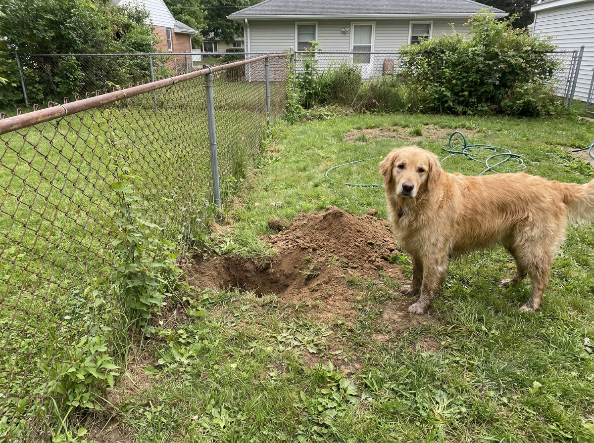 Rusty chain link fence with a hole dug beneath it and a dog nearby