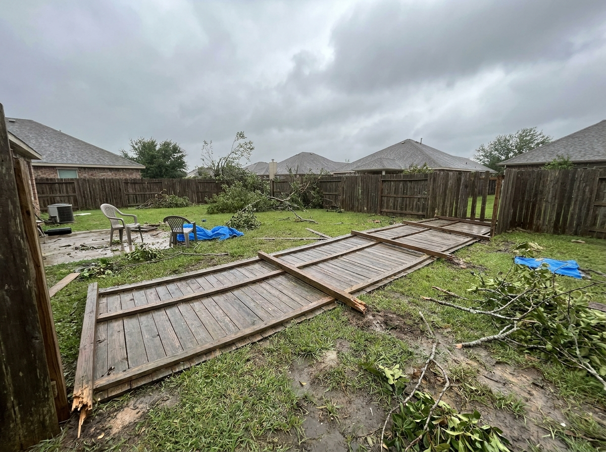Fence panels blown down on wet grass after a storm