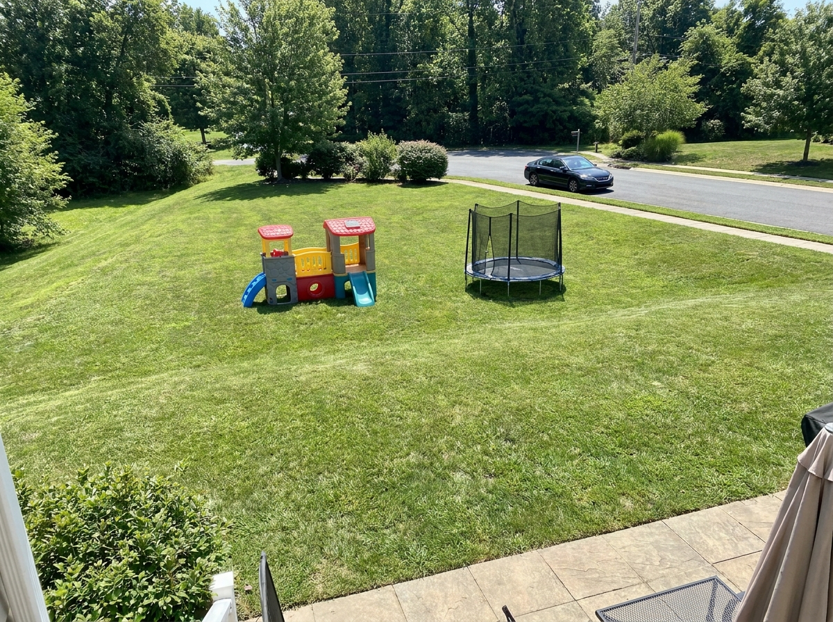Open backyard with a playset and no fence, facing a street