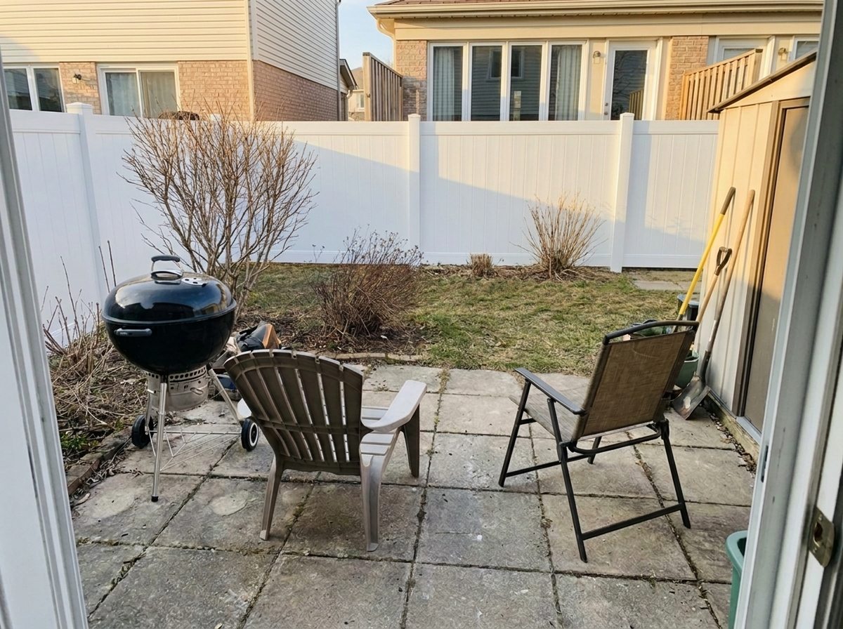 The same patio behind a white vinyl privacy fence