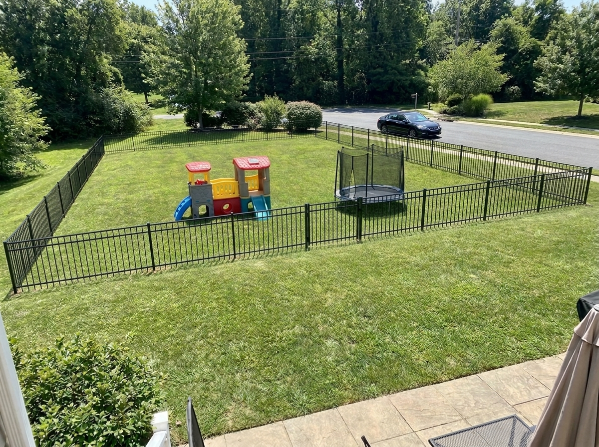 The same yard enclosed by a black aluminum fence with a gate