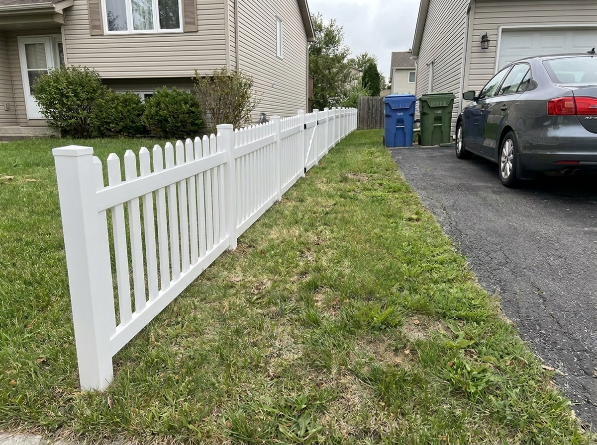 A white vinyl picket fence marking the property line