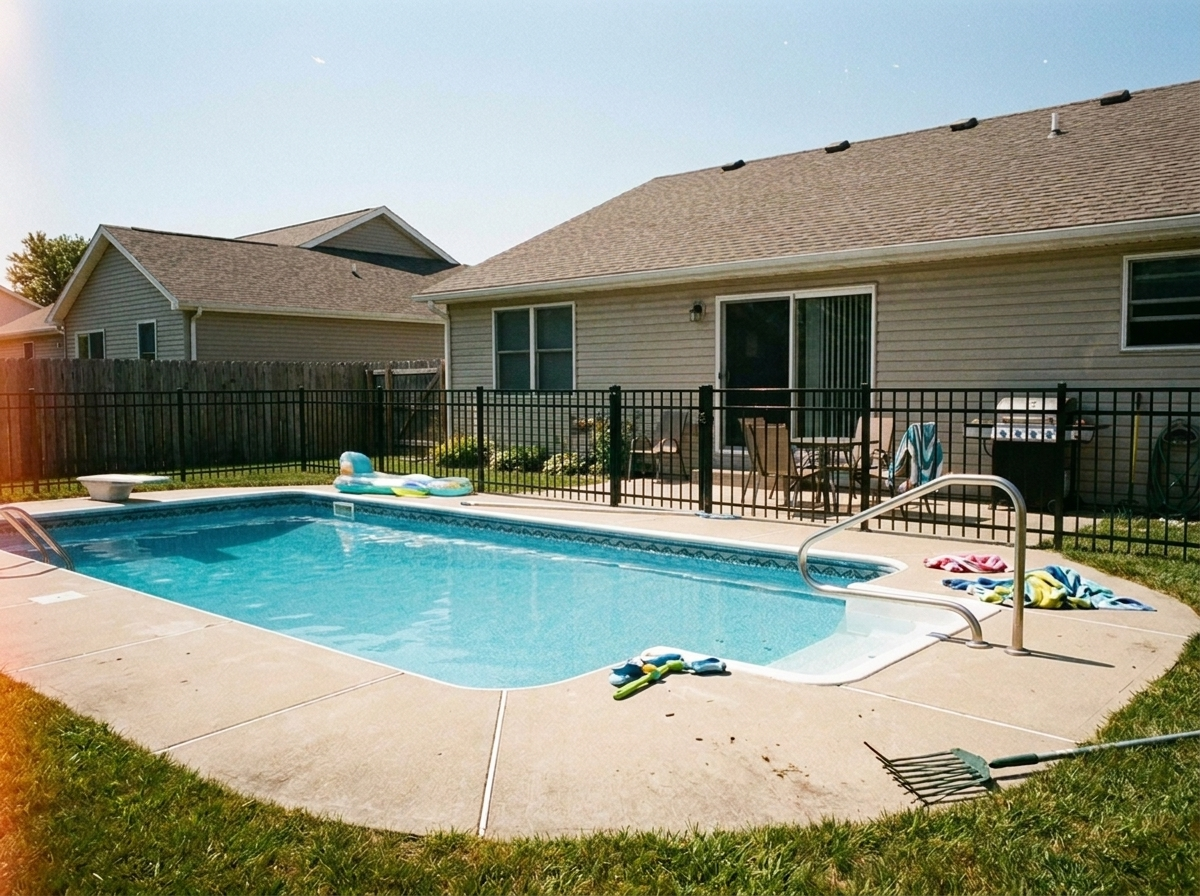 The same pool enclosed by a black aluminum fence with a gate