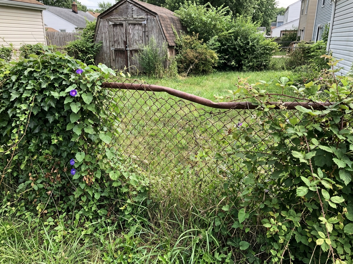 Old rusted chain link fence overgrown with weeds and vines