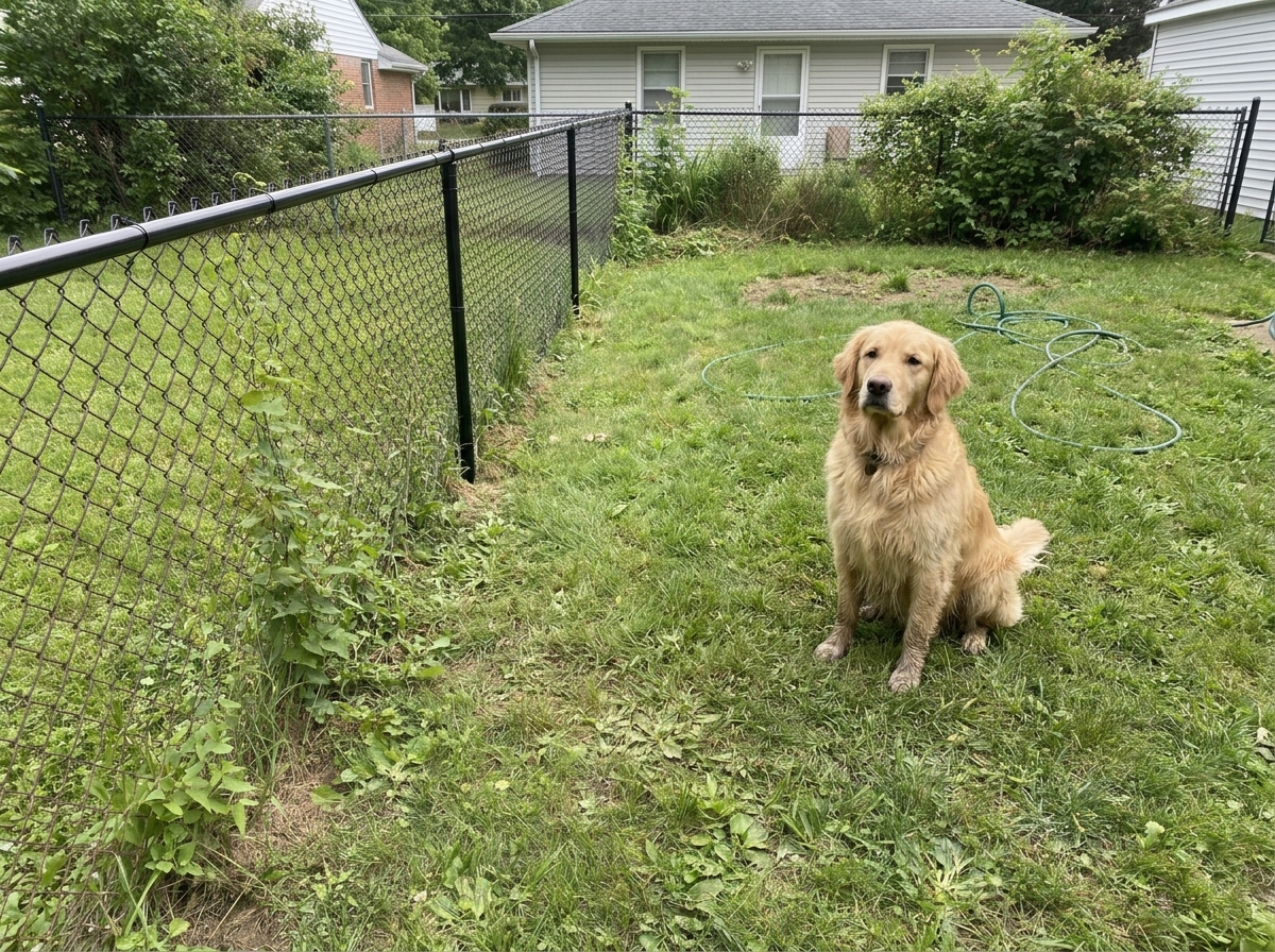 New black chain link fence with the hole filled and lawn repaired