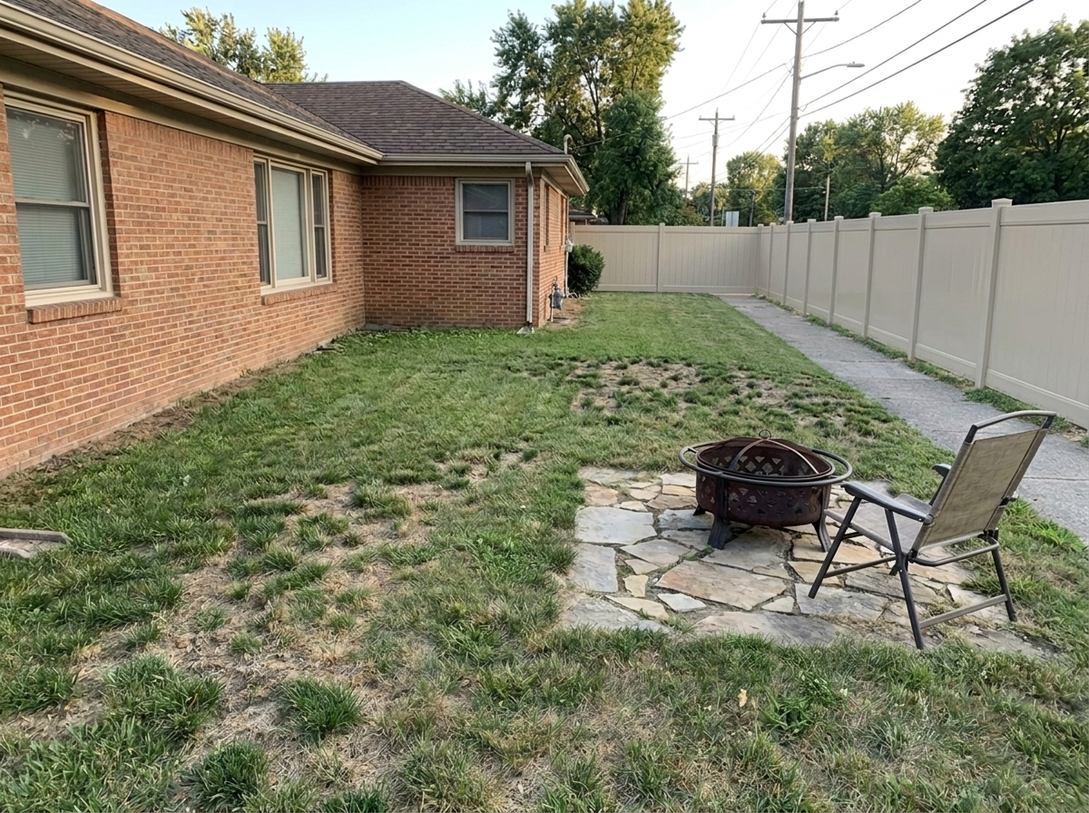 The same corner lot behind a tan vinyl privacy fence