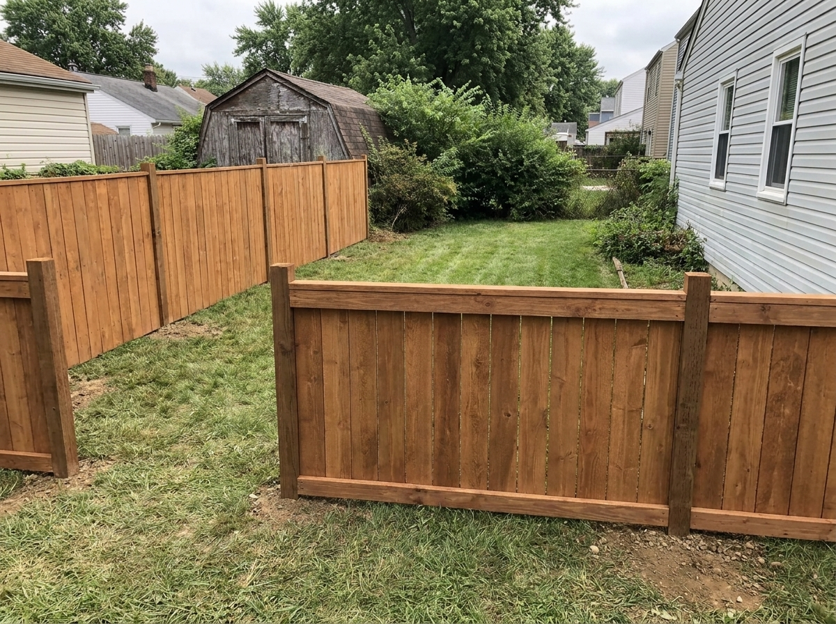 New stained cedar shadowbox fence along the back line