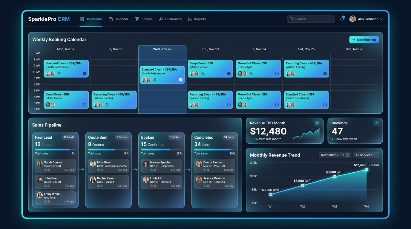 Manor Media booking dashboard for a house cleaning business