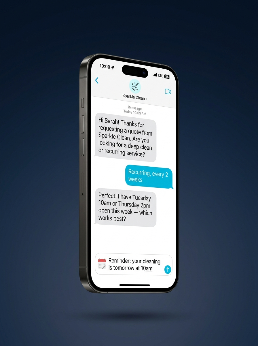 Automated SMS follow-up conversation booking a cleaning appointment