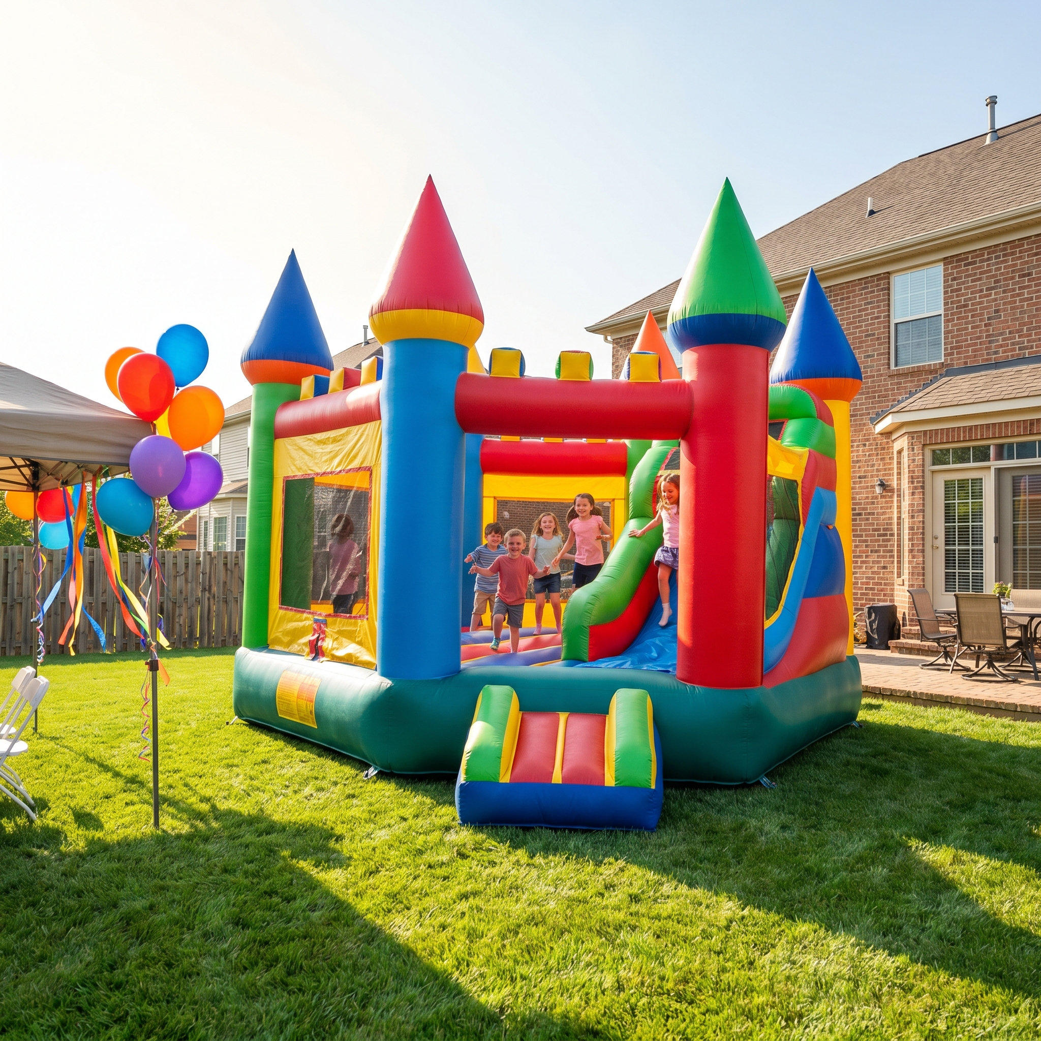 Colorful bounce house rental at a backyard birthday party in Northern Virginia