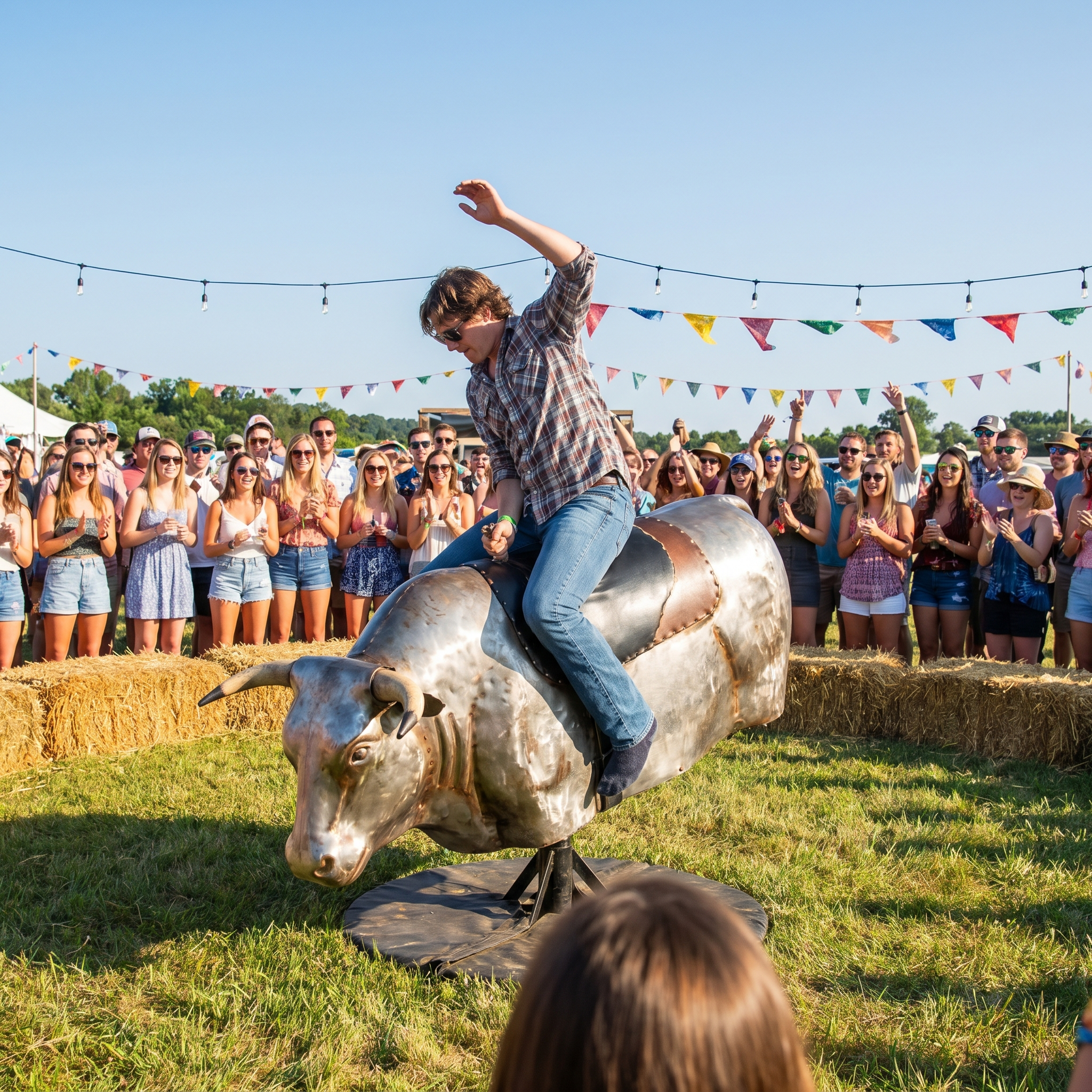 Mechanical bull rental in Virginia &mdash; The Beast at an outdoor party event with excited crowd