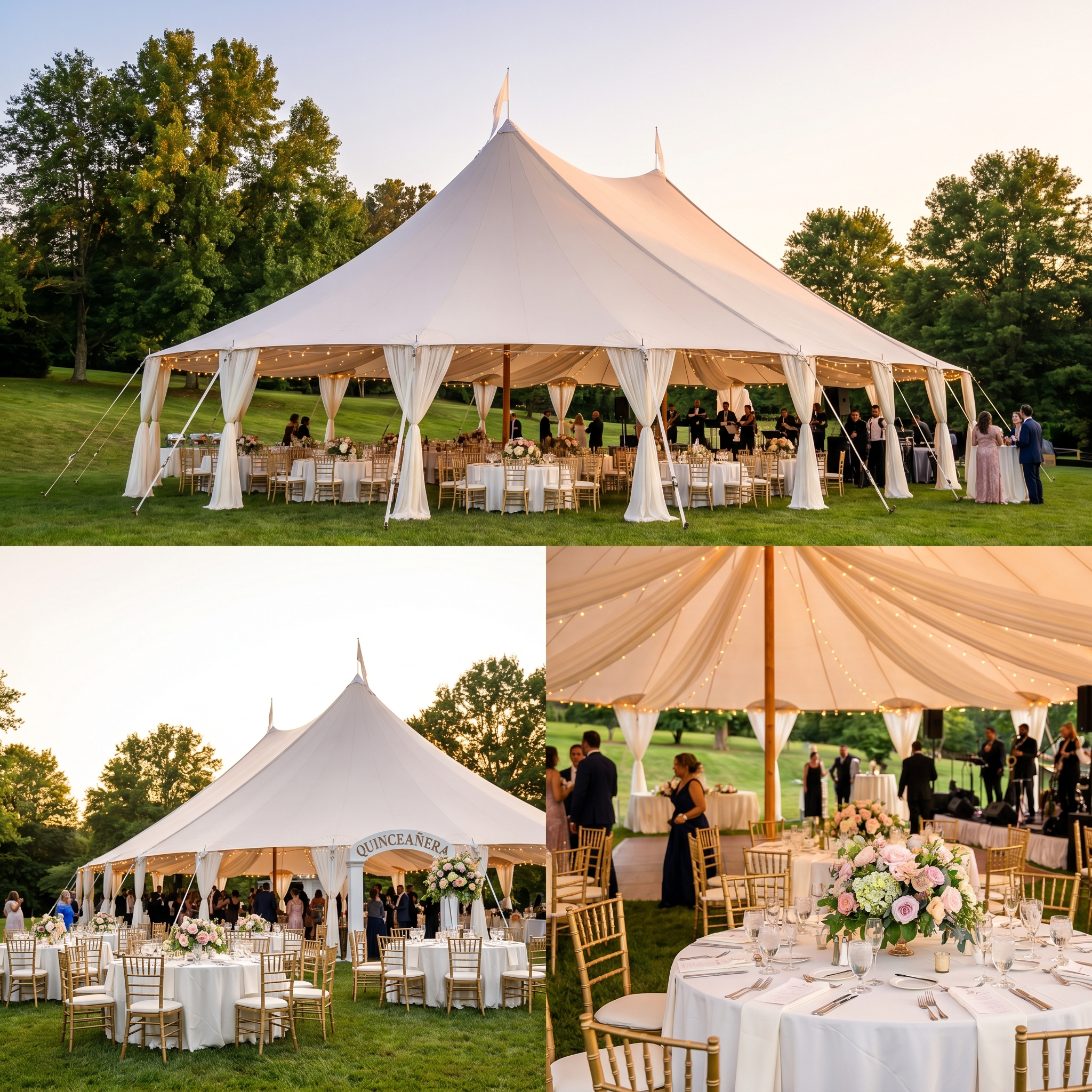 Tent canopy rental for outdoor party in Stafford VA &mdash; elegant event setup with string lights